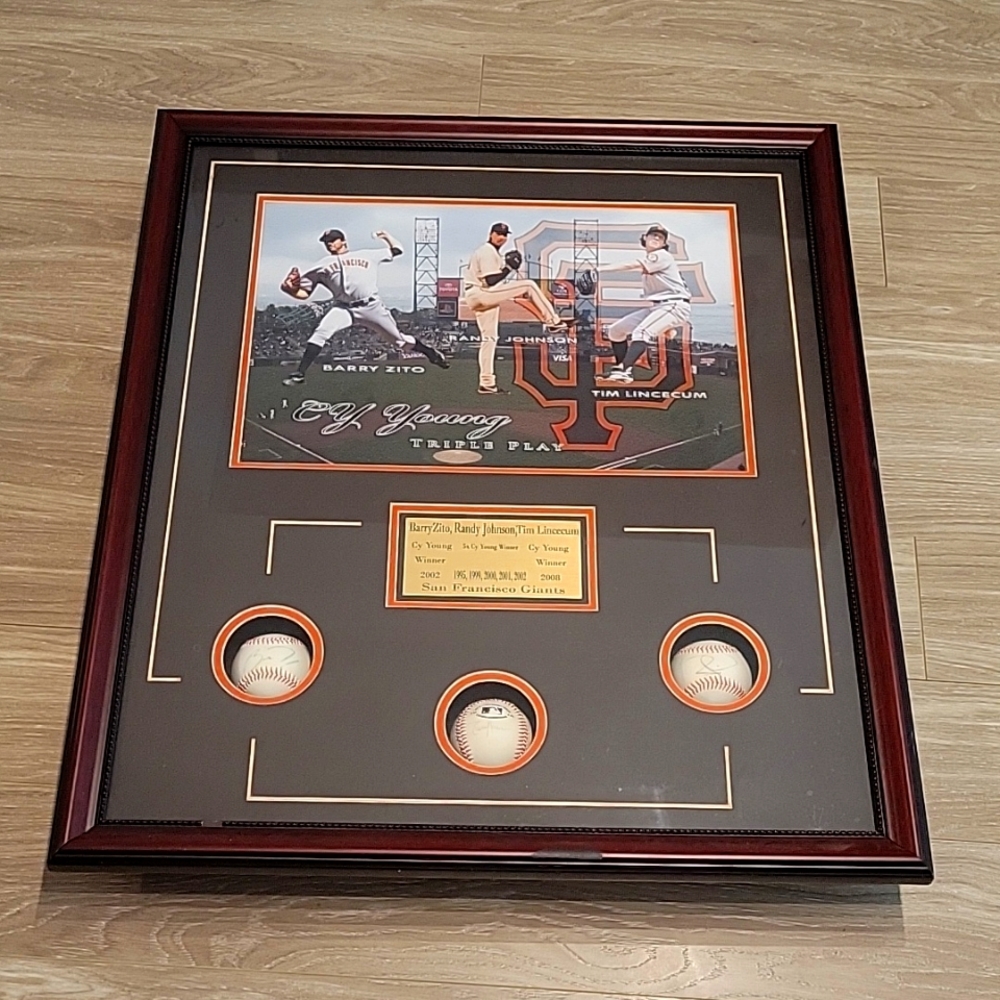 Framed 3 autograph MLB balls- SF Giants Lincecum, Randy Johnson and Barry Zito